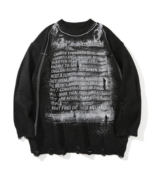 Ressaca（レサーカ）の「オーバーサイズダメージ加工レターロゴニット（ニット/セーター・メンズ・ブラック/ホワイト/パープル・L/M/XL）」の2枚目の写真