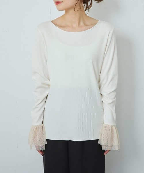 PUAL CE CIN（ピュアルセシン）の「袖口ドットチュールテレコカットソー（Tシャツ/カットソー・レディース・ブラック/アイボリー・FREE）」の6枚目の写真