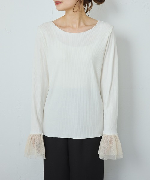 PUAL CE CIN（ピュアルセシン）の「袖口ドットチュールテレコカットソー（Tシャツ/カットソー・レディース・ブラック/アイボリー・FREE）」の7枚目の写真