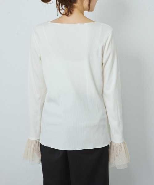 PUAL CE CIN（ピュアルセシン）の「袖口ドットチュールテレコカットソー（Tシャツ/カットソー・レディース・ブラック/アイボリー・FREE）」の9枚目の写真