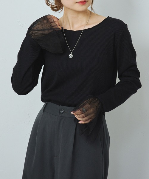 PUAL CE CIN（ピュアルセシン）の「袖口ドットチュールテレコカットソー（Tシャツ/カットソー・レディース・ブラック/アイボリー・FREE）」の4枚目の写真