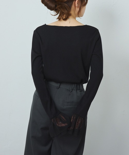 PUAL CE CIN（ピュアルセシン）の「袖口ドットチュールテレコカットソー（Tシャツ/カットソー・レディース・ブラック/アイボリー・FREE）」の5枚目の写真