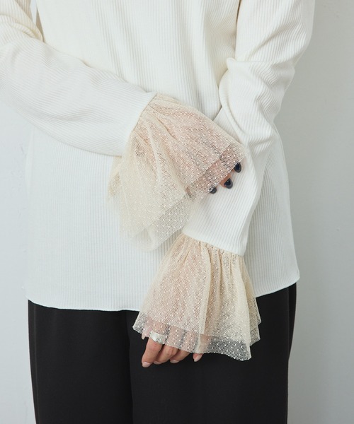 PUAL CE CIN（ピュアルセシン）の「袖口ドットチュールテレコカットソー（Tシャツ/カットソー・レディース・ブラック/アイボリー・FREE）」の3枚目の写真