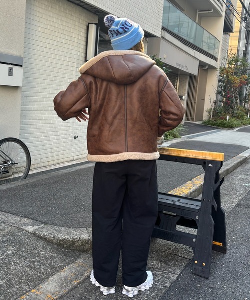 ボアパイピングスタンドカラーフードムートンジャケット FD23W101