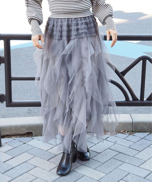 tiptop(ティップトップ)の「【シーズンレスアイテム】チュールフリルイレヘムスカート(スカート・レディース・チャコールグレー/ブラック/アイボリー・FREE)」の9枚目の写真