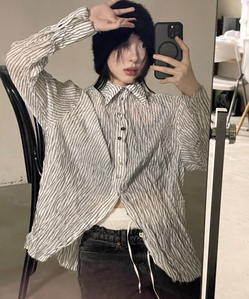 ブラウス シャツ L-CRAZY PATTERN STRIPE SHIRT/クレイジーパターンストライプシャツ レディース CREZY PATTERN STRIPE SHIRT/ クレイジーパターンストライプ