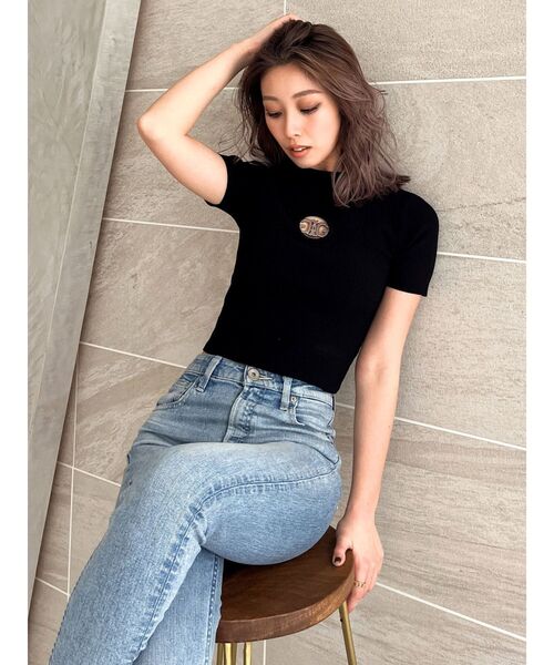 GYDA（ジェイダ）の「SymmetryGYDA MOLDハーフスリーブニットトップス（Tシャツ/カットソー・レディース・オフホワイト/ブラック/ラベンダー・FREE）」の6枚目の写真