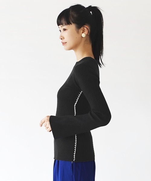 e-zakkamania stores（イーザッカマニアストアーズ）の「2WAY ブランケットステッチ フレアスリーブ リブカットソー（Tシャツ/カットソー・レディース・アイボリー/ブラック・フリー）」の16枚目の写真