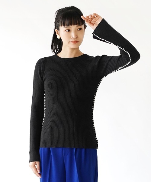 e-zakkamania stores（イーザッカマニアストアーズ）の「2WAY ブランケットステッチ フレアスリーブ リブカットソー（Tシャツ/カットソー・レディース・アイボリー/ブラック・フリー）」の18枚目の写真