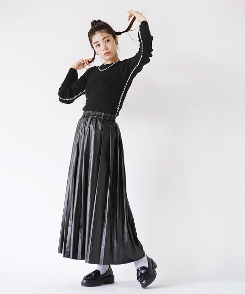 e-zakkamania stores（イーザッカマニアストアーズ）の「2WAY ブランケットステッチ フレアスリーブ リブカットソー（Tシャツ/カットソー・レディース・アイボリー/ブラック・フリー）」の7枚目の写真