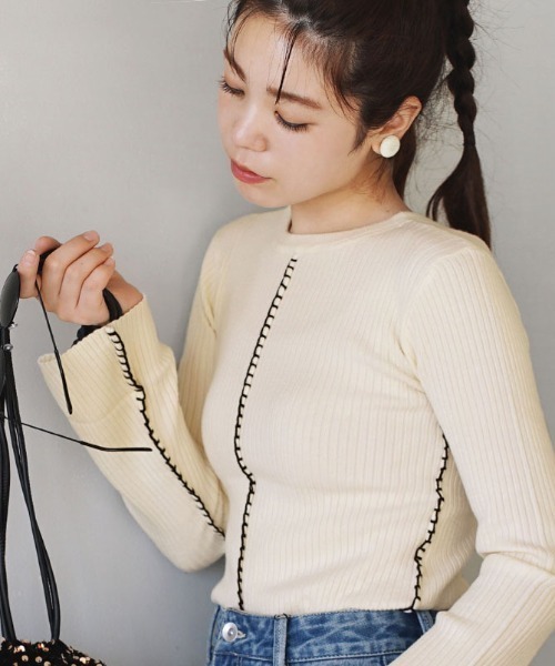 e-zakkamania stores（イーザッカマニアストアーズ）の「2WAY ブランケットステッチ フレアスリーブ リブカットソー（Tシャツ/カットソー・レディース・アイボリー/ブラック・フリー）」の10枚目の写真