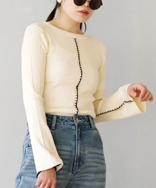 e-zakkamania stores（イーザッカマニアストアーズ）の「2WAY ブランケットステッチ フレアスリーブ リブカットソー（Tシャツ/カットソー・レディース・アイボリー/ブラック・フリー）」の9枚目の写真