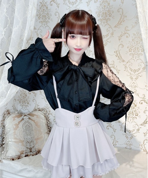 極美品　y2k 姫系　リボンTシャツ　ピンク　ブラック　レース　半袖　Mサイズ スプリンY2Kセミクロップ半袖Tシャツ - WONDER WONDER | 60