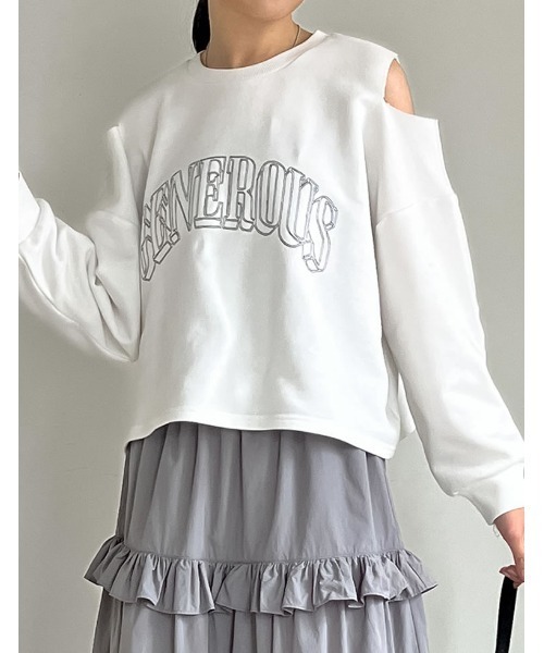 Re:EDIT(リエディ)の「裏毛刺繍ロゴ肩スリットあきショート丈トップス(スウェット・レディース・ホワイト/チャコールグレー/杢グレー・MEDIUM/LARGE)」の2枚目の写真