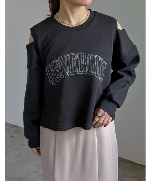 Re:EDIT(リエディ)の「裏毛刺繍ロゴ肩スリットあきショート丈トップス(スウェット・レディース・ホワイト/チャコールグレー/杢グレー・MEDIUM/LARGE)」の1枚目の写真