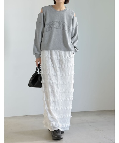 Re:EDIT(リエディ)の「裏毛刺繍ロゴ肩スリットあきショート丈トップス(スウェット・レディース・ホワイト/チャコールグレー/杢グレー・MEDIUM/LARGE)」の7枚目の写真