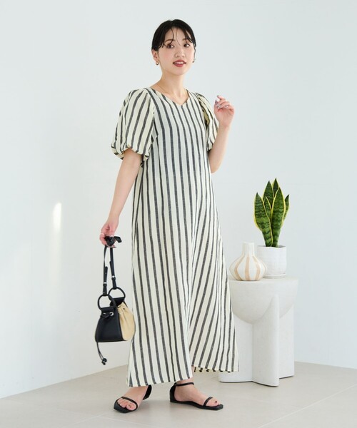 ストライプ バックオープン ロングワンピース セール】quaranciel:〈洗濯機可能〉ストライプ バックオープン
