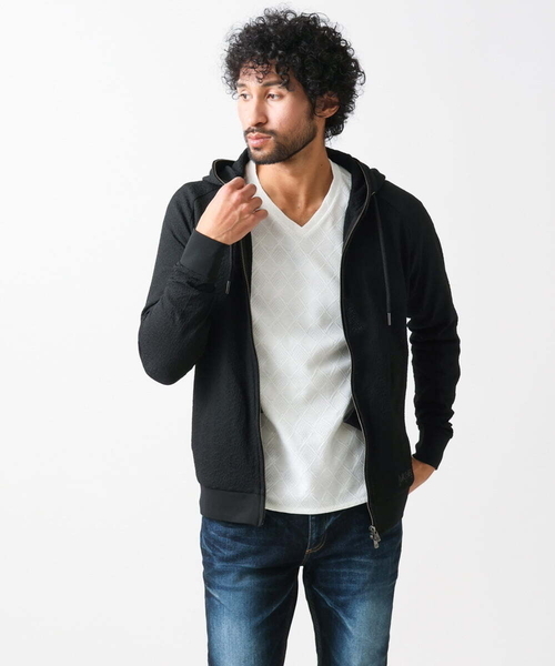 MICHEL KLEIN HOMME (ミッシェルクランオム)の「ブランドロゴ刺繍入りニットパーカー セットアップ(パーカー・メンズ・ブラック/ネイビー・MEDIUM/LARGE/X-LARGE)」の1枚目の写真