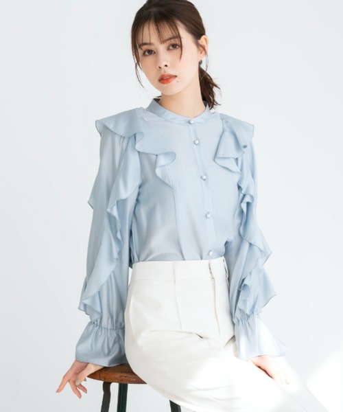 MISCH MASCH（ミッシュマッシュ）の「袖フリル前開きブラウス/MM418120（シャツ/ブラウス・レディース・ブラック/ブルー/ホワイト・ﾌﾘ-）」の3枚目の写真