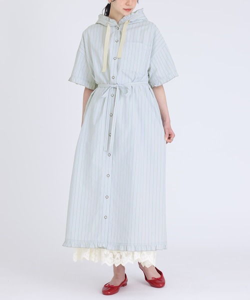 セール】『ストライプ柄フリルフード付きシャツワンピース』（シャツ  