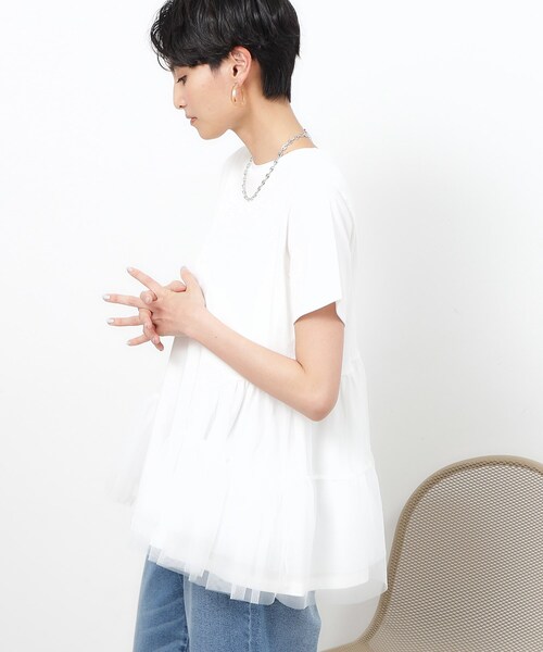 OPAQUE.CLIP(オペークドットクリップ)の「◆チュールドッキングティアードカットソー【洗濯機洗い可】(Tシャツ/カットソー・レディース・ブラック/ホワイト/ネイビー・36/40/38)」の1枚目の写真