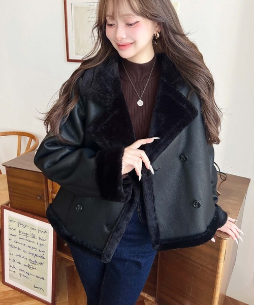 セール】フェイクレザー×フェイクファームートンショートPコート