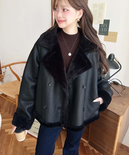 セール】フェイクレザー×フェイクファームートンショートPコート