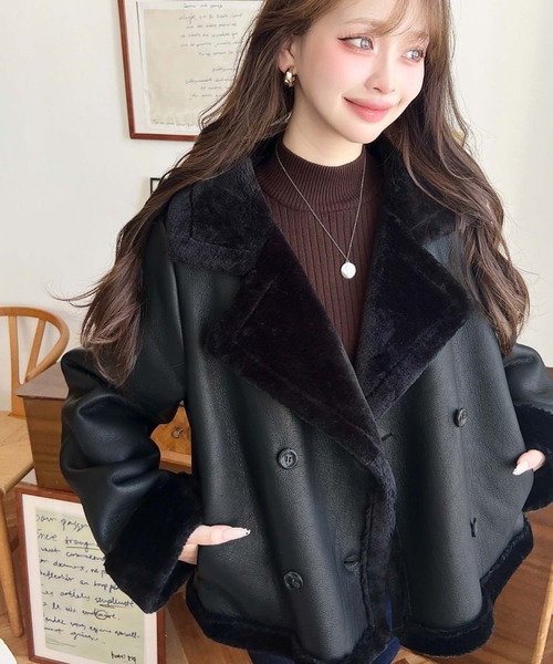 セール】フェイクレザー×フェイクファームートンショートPコート
