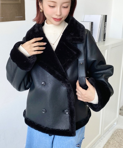 セール】フェイクレザー×フェイクファームートンショートPコート