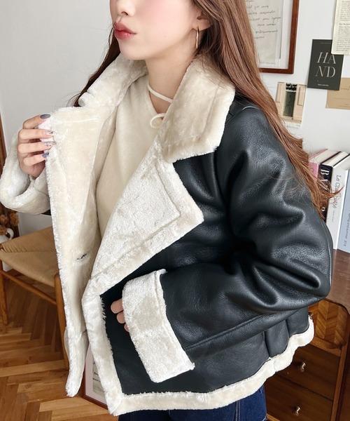 セール】フェイクレザー×フェイクファームートンショートPコート