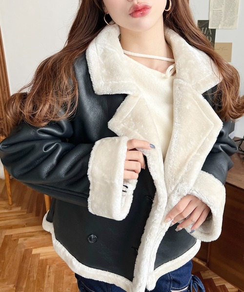 セール】フェイクレザー×フェイクファームートンショートPコート