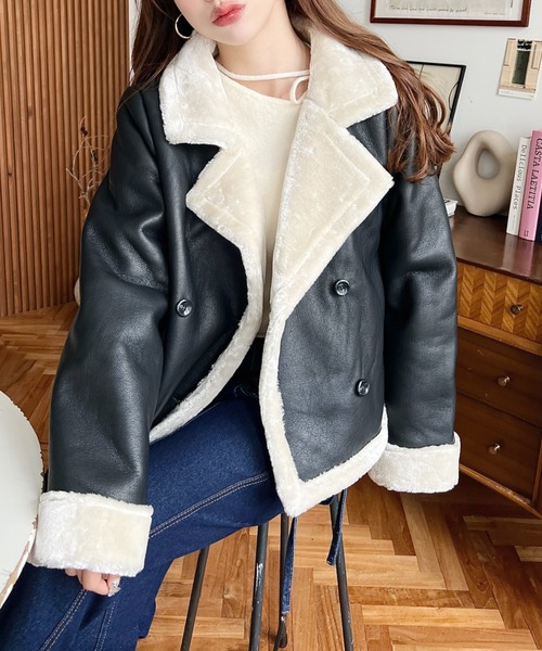 セール】フェイクレザー×フェイクファームートンショートPコート