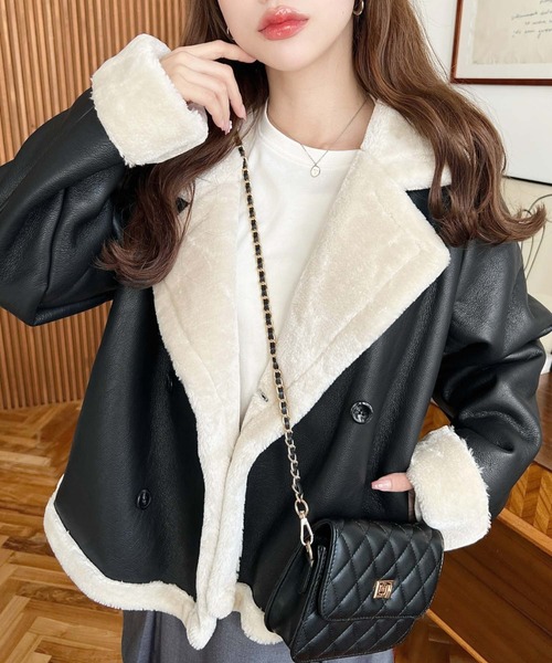 セール】フェイクレザー×フェイクファームートンショートPコート