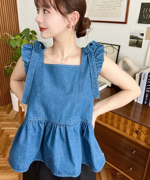 セール】ライトオンスデニムショルダーリボンペプラムデニムブラウス