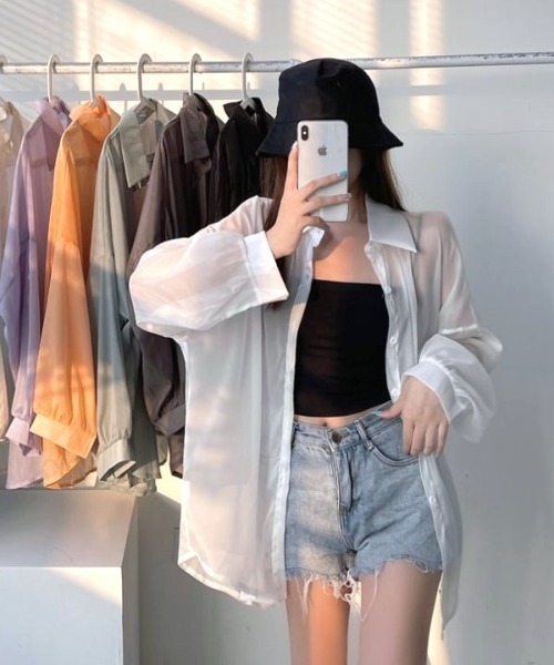 ✨️オータムセール✨️シースルーロングブラウス セール】シースルーオーバーサイズロングシャツ（シャツ