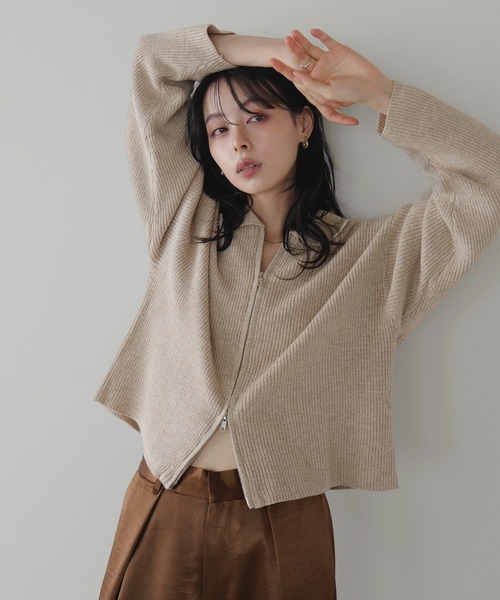 ルネ　ダブルジップ　グログランリボン　カーディガン 美品✨】ルネ カーディガン 羽織り ダブルジップ パール リボン