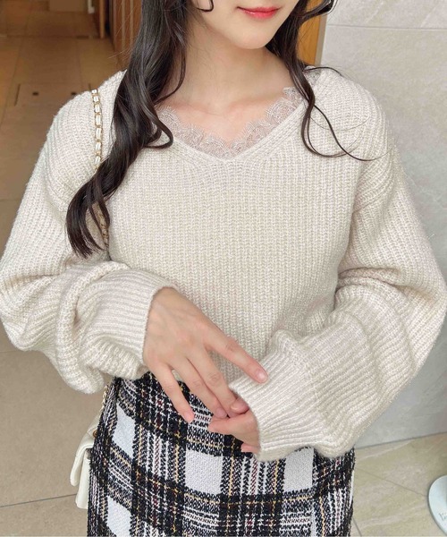 INGNI(イング)の「もちもちラメレース付ニット(ニット/セーター・レディース・グレー/アイボリー/ライトピンク・M)」の4枚目の写真