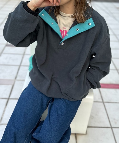 トレーナー スウェット 配色フリースボア アノラックプルオーバー レディース mi via loca トレーナー スウェット 配色フリースボア