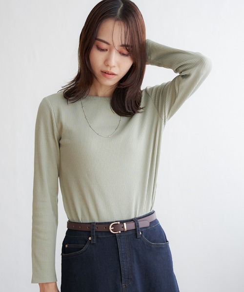 tシャツ テレコクルーネックトップス レディース andme tシャツ テレコリブショート丈クルーネックトップス