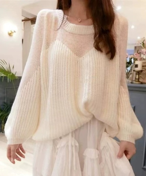 ampm（エーエムピーエム）の「【ampm】シースルースウィッチバルーンスリーブニット（ニット/セーター・レディース・ブルー/ホワイト/ピンク・FREE）」の2枚目の写真