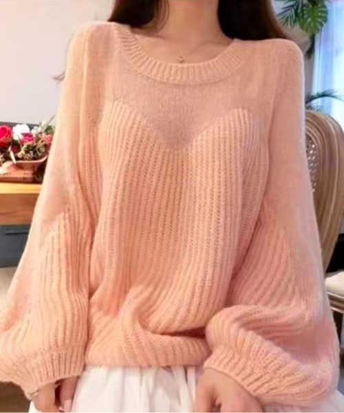 ampm（エーエムピーエム）の「【ampm】シースルースウィッチバルーンスリーブニット（ニット/セーター・レディース・ブルー/ホワイト/ピンク・FREE）」の3枚目の写真