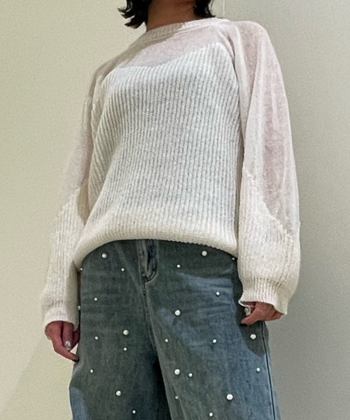 ampm（エーエムピーエム）の「【ampm】シースルースウィッチバルーンスリーブニット（ニット/セーター・レディース・ブルー/ホワイト/ピンク・FREE）」の12枚目の写真