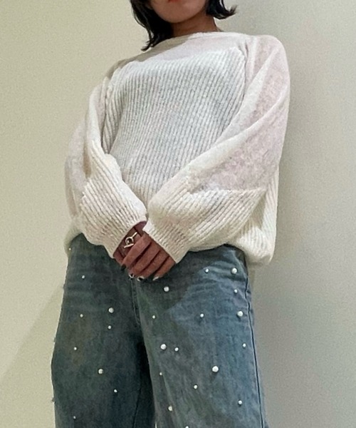 ampm（エーエムピーエム）の「【ampm】シースルースウィッチバルーンスリーブニット（ニット/セーター・レディース・ブルー/ホワイト/ピンク・FREE）」の13枚目の写真