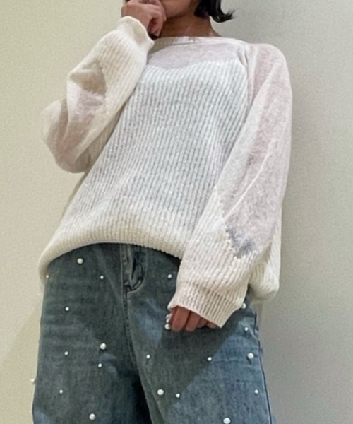 ampm（エーエムピーエム）の「【ampm】シースルースウィッチバルーンスリーブニット（ニット/セーター・レディース・ブルー/ホワイト/ピンク・FREE）」の5枚目の写真