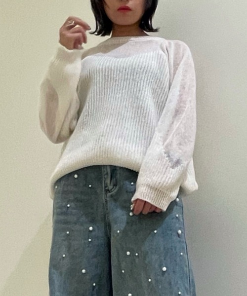 ampm（エーエムピーエム）の「【ampm】シースルースウィッチバルーンスリーブニット（ニット/セーター・レディース・ブルー/ホワイト/ピンク・FREE）」の6枚目の写真