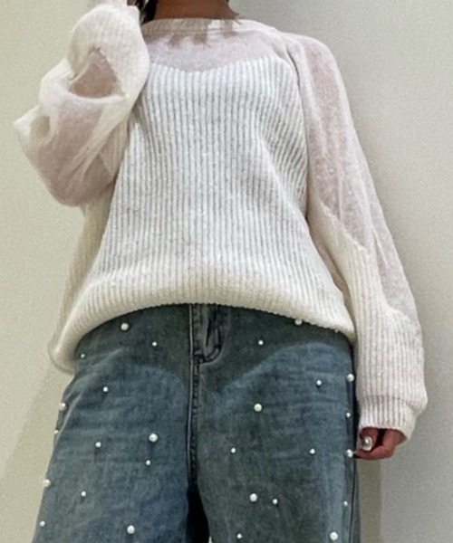 ampm（エーエムピーエム）の「【ampm】シースルースウィッチバルーンスリーブニット（ニット/セーター・レディース・ブルー/ホワイト/ピンク・FREE）」の7枚目の写真