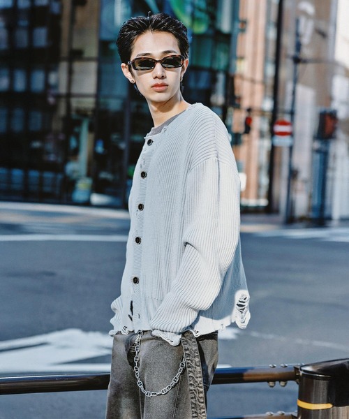 セール】【Ruelle】Faded Distressed Knit Cardigan / フェード