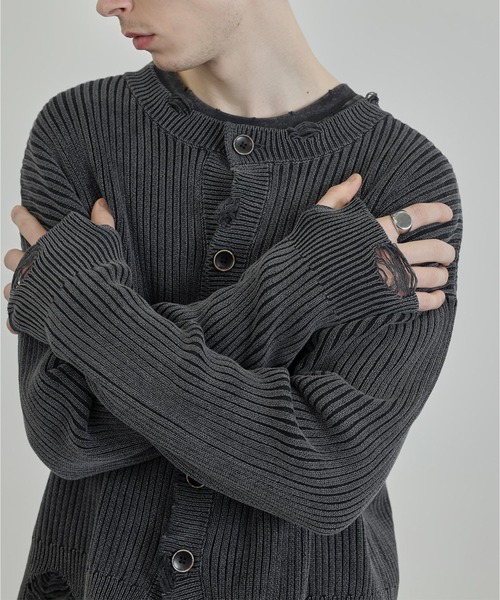 セール】【Ruelle】Faded Distressed Knit Cardigan / フェード