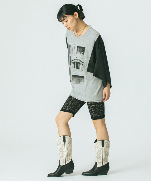 セール】(OKIRAKU×ROSEBUD)SATIN SLEEVE CUTSAW（Tシャツ