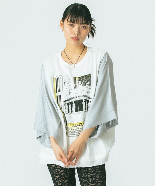 セール】(OKIRAKU×ROSEBUD)SATIN SLEEVE CUTSAW（Tシャツ